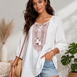 Boho Embroidered White Tunic Top Peasant Folk Blouse Size 42 Relaxed Fit